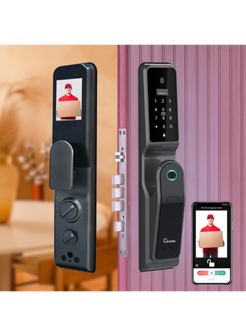 LAVNA 7-Way Premium Smart Door Lock with Camera N Screen | Fingerprint, Mobile App, WiFi + Bluetooth, RFID Card, OTP, PIN and Manual Key | 5-Bolt Security | fit with Wooden Doors (LA44, Automatic)