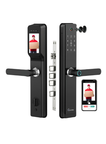 LAVNA Camera Smart Door Lock | 7 Way Unlock | Fingerprint, Mobile App, WiFi + Bluetooth, OTP, PIN, RFID Card and Manual Key | Built-in Camera n Screen | 5 Bolts | fit with Wooden Doors (LA24, Black)