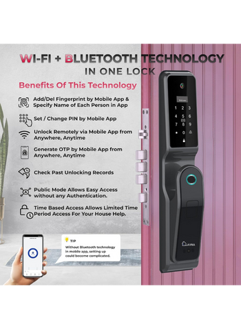 LAVNA 7-Way Premium Smart Door Lock with Camera N Screen | Fingerprint, Mobile App, WiFi + Bluetooth, RFID Card, OTP, PIN and Manual Key | 5-Bolt Security | fit with Wooden Doors (LA44, Automatic)