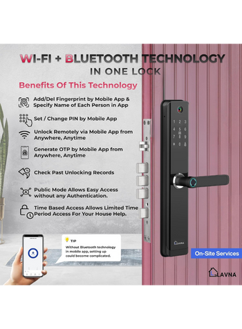 LAVNA Camera Smart Door Lock | 7 Way Unlock | Fingerprint, Mobile App, WiFi + Bluetooth, OTP, PIN, RFID Card and Manual Key | Built-in Camera n Screen | 5 Bolts | fit with Wooden Doors (LA24, Black)