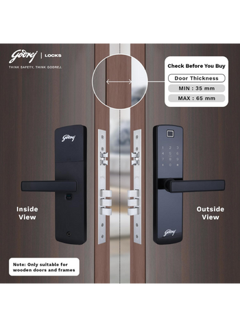 Godrej Smart Lock I Catus Touch Plus I Digital Lock for Wooden Door I 4 in 1 Access I Fingerprint I RFID I PIN Access I Mechanical Key I 3 Strong Dead Locking Bolts I Black Finish I 3 Years Warranty